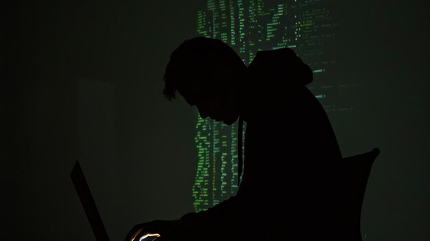 Hacker silhouet met groene code projectie