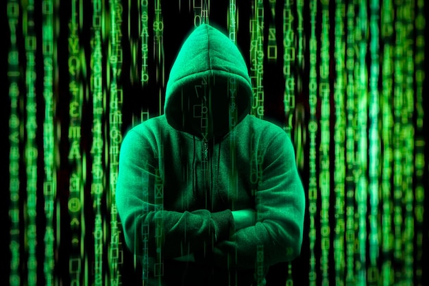 Hacker Silhouette on dark green binary background Hacker Silhouette and Binary Codes Toned picture of silhouette of hacker in hoodie Hacking and malware concept