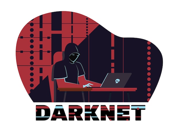 ダークネットで隠された情報を検索する男性 個人データを盗む 銀行犯罪 サイバー詐欺師 カートゥーン・フラット・スタイル・アイソレート・ベクトル・コンセプト