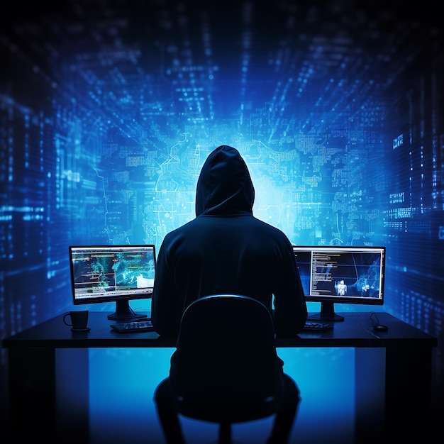AI が生成したコンピューターのサイバー セキュリティとスパイウェア対策の概念に座っているハッカー