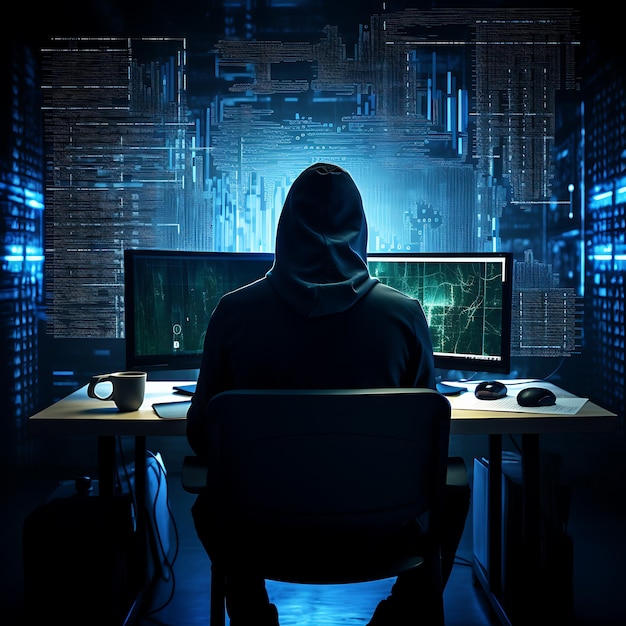 hacker sitting at the computer cyber security and antispyware concept AI generated