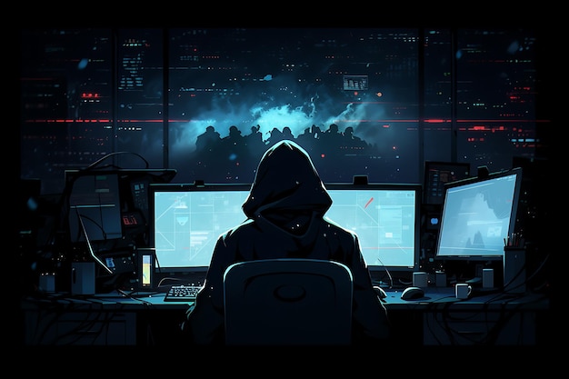 hacker sitting at the computer cyber security and antispyware concept AI generated