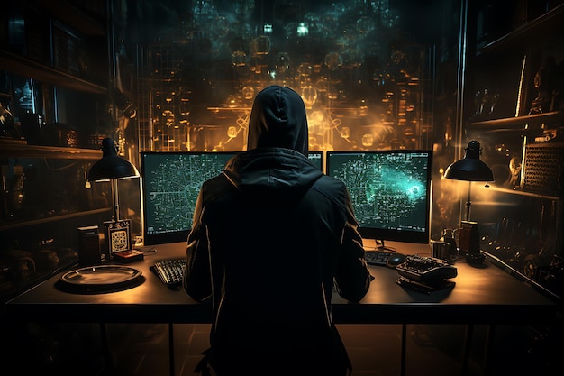 hacker sitting at the computer cyber security and antispyware concept AI generated