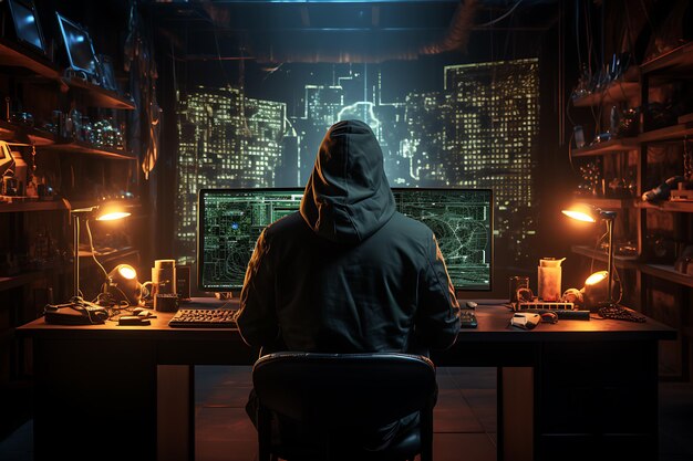 hacker sitting at the computer cyber security and antispyware concept AI generated