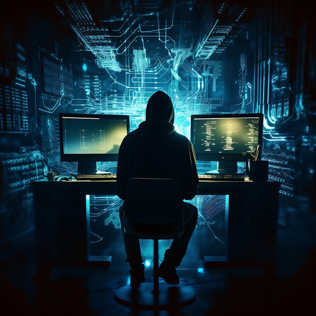 Hacker sitting at the computer cyber security and antispyware concept ai generated