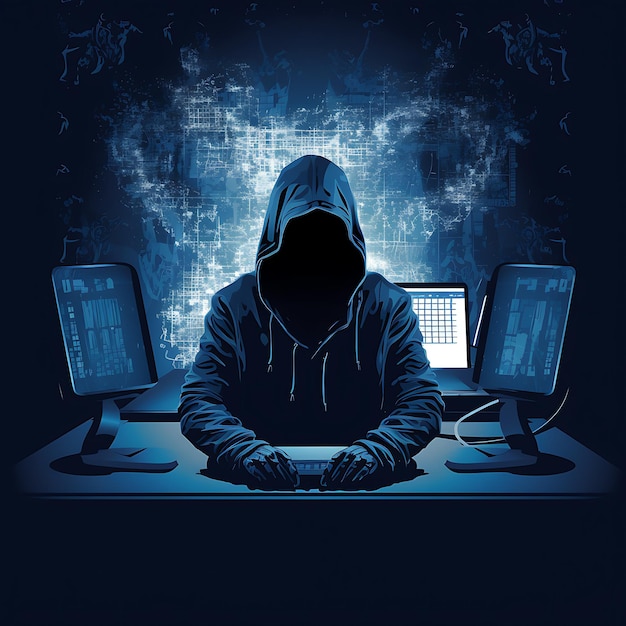 hacker sitting at the computer cyber security and antispyware concept AI generated