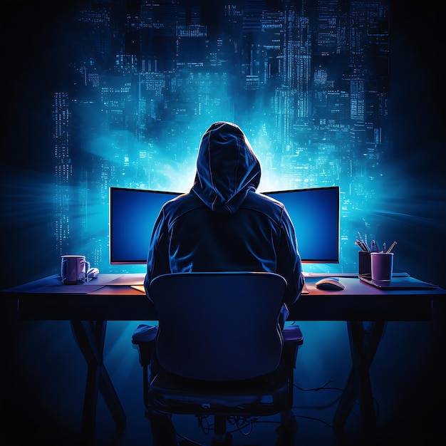 hacker sitting at the computer cyber security and antispyware concept AI generated