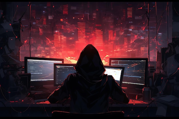 хакер, сидящий за компьютером, концепция кибербезопасности и антишпионского ПО, созданная искусственным интеллектом