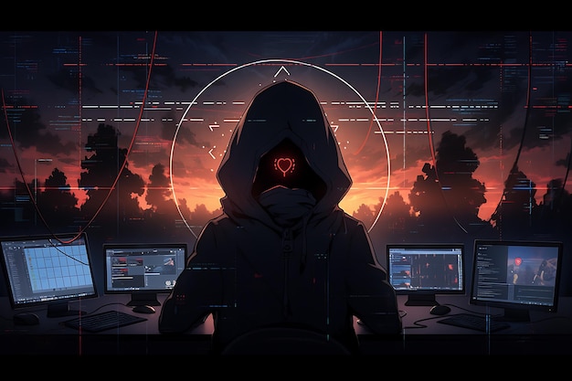 Hacker sitting at the computer cyber security and antispyware concept AI generated