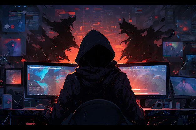 Hacker sitting at the computer cyber security and antispyware concept AI generated