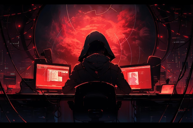 Hacker sitting at the computer cyber security and antispyware concept AI generated