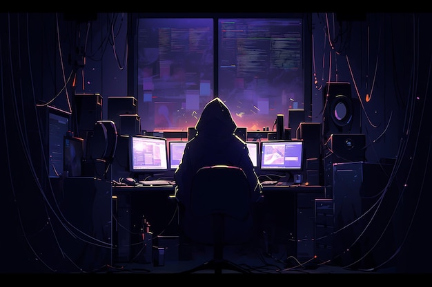 Hacker sitting at the computer cyber security and antispyware concept AI generated