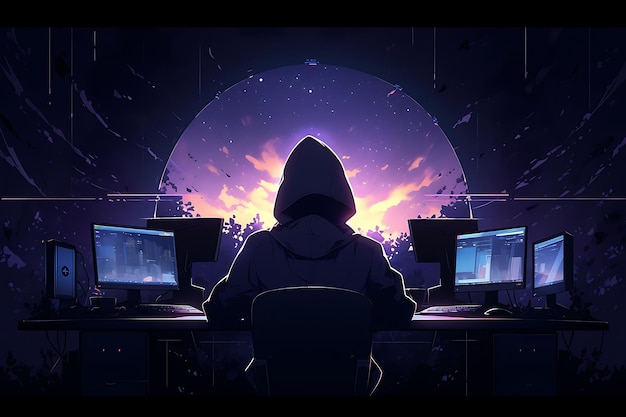 Hacker sitting at the computer cyber security and antispyware concept AI generated