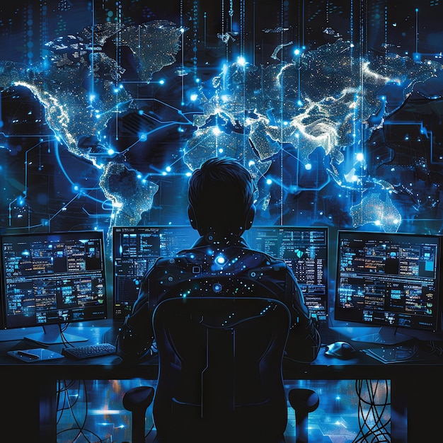 A hacker sitting at his desk in the dark with several monitors on which he is working on an attack p