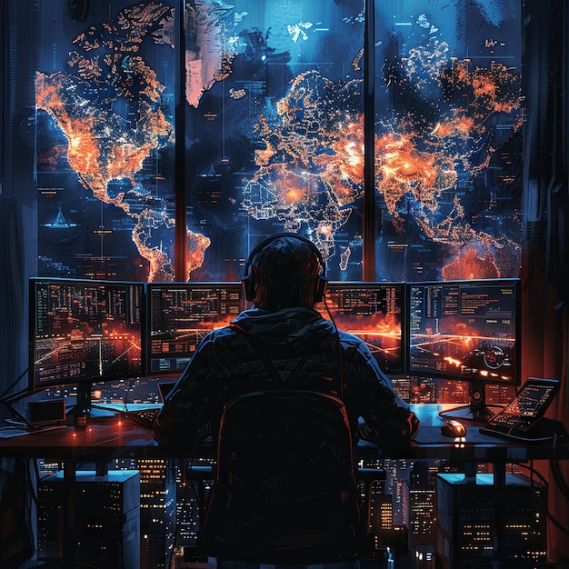 A hacker sitting at his desk in the dark with several monitors on which he is working on an attack p