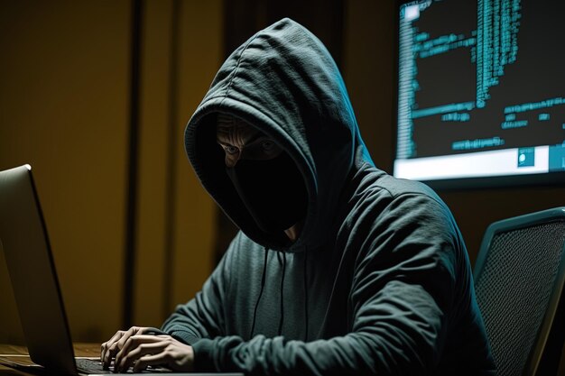 Hacker sitting at a table in front of the monitor wearing a black mask and hood