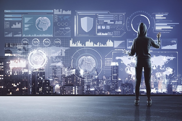 hacker standing on rooftop with digital business interface and night city view hacking and innovation concept double exposure