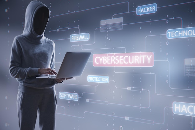 Hacker standing and using notebook with glowing hacking hologram with binary code and lines Cybersecurity firewall technology and software protection concept Double exposure