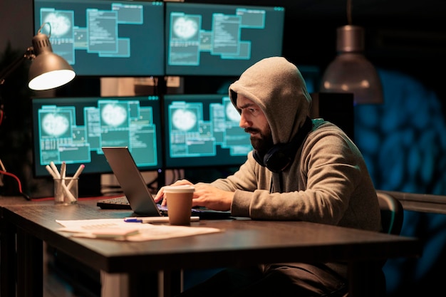 Hacker stealing computer information from server, cybercrime threat and security breach on multiple monitors. Programming virus and hacking big data hardware, man wearing hood.