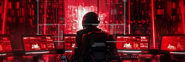 hacker surrounded by red holographic data screens orchestrating a coordinated cyber assault