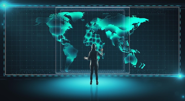 Hacker touching virtual screen with digital world map