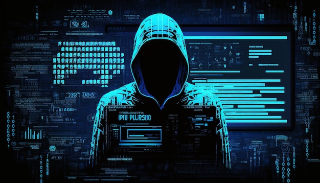 Hacker typende computer. Cyberterrorisme, beeld van bijzondere fraude. Hacker met code op het scherm.