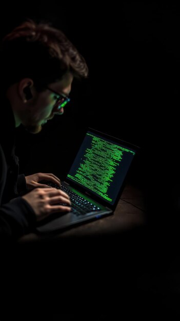 暗い背景に緑色のコードが付いているノートパソコンでサイバーセキュリティとプログラミングを表すハッカーが子供向けのコーディングワークショップ子供向けコーディングスクールでコーディングをしています