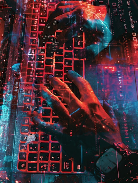 एक हैकर तेजी से कीबोर्ड पर टाइप करता है जबकि डिजिटल प्रतीक और कोड तैरते हैं, जिससे देर रात के सत्र के दौरान एक तकनीक से भरा माहौल बनता है जेनरेटिव एआई
