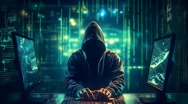 Хакер печатает компьютер Концепция киберпреступности кибератаки даркнет ИИ создан
