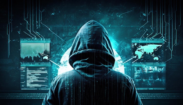 ハッカー タイピング コンピューター。サイバーテロ、特殊詐欺のイメージ。画面上のコードを持つハッカー