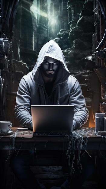 Хакер печатает на ноутбуке анонимную концепцию Генеративный ИИ