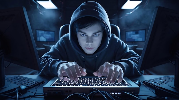 Hacker typing on laptop