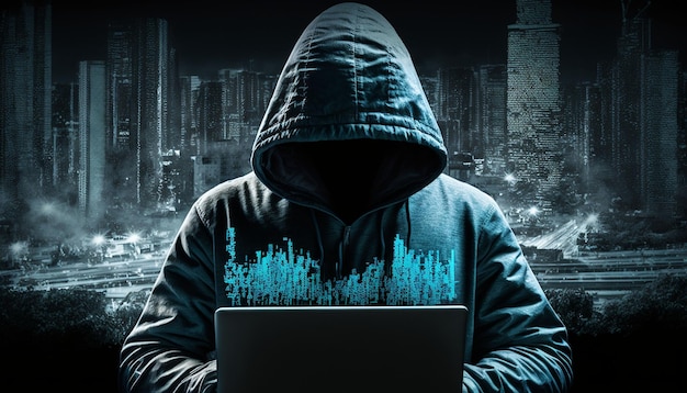 Hacker uses laptop to hack urban backdrop An illustration of cybercrime