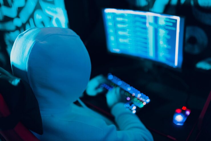 Photo hacker using computer malware software and hacking binary code digital interface