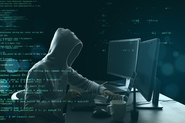 Хакер использует компьютер с html-кодом