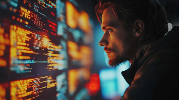 a hacker using custom scripts and hacking tools to breach a network with glowing code on multiple sc