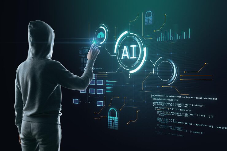 Photo hacker using glowing blurry ai hologram with binary coding on blurry background artificial intelligence malware technology and programming concept