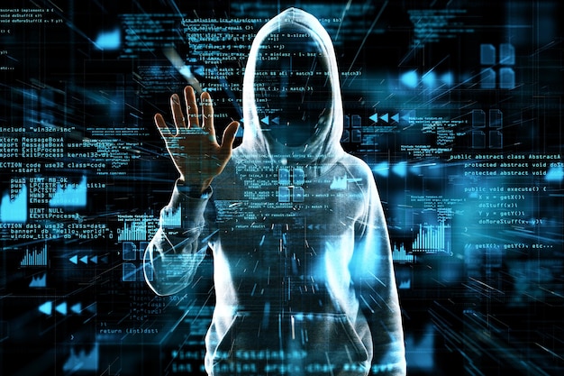 Hacker using glowing hacking hologram on blurry dark background Crypto security and criminal concept Double exposure