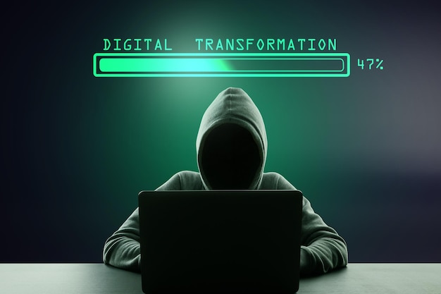 hacker using laptop computer at desktop with abstract glowing loading bar on gray dark background digital transformation hacking internet progress and technology concept