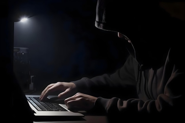 사진 어두운 방에서 노트북 컴퓨터를 사용하는 해커 해킹 개념