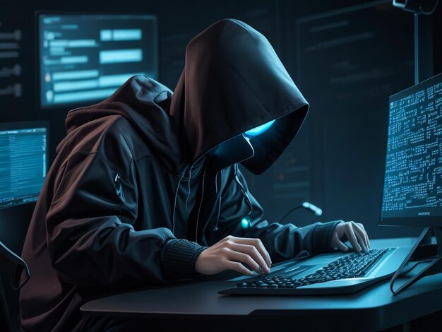 hacker using laptop computer with html code and map attack and programming concept double exposure