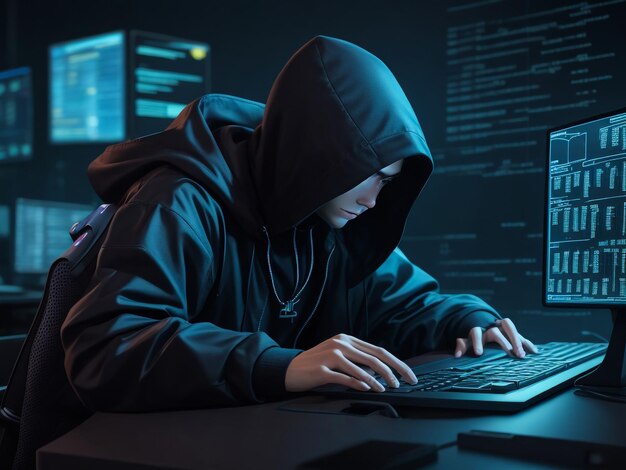 hacker using laptop computer with html code and map attack and programming concept double exposure