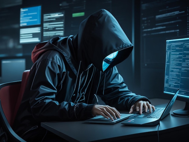 hacker using laptop computer with html code and map attack and programming concept double exposure