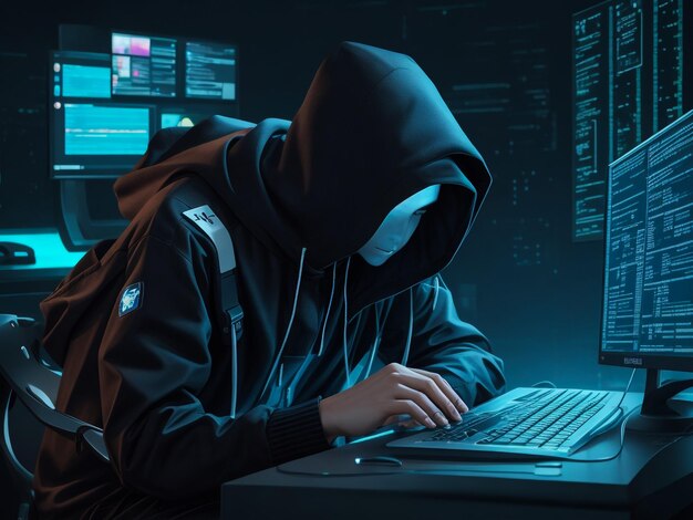 hacker using laptop computer with html code and map attack and programming concept double exposure