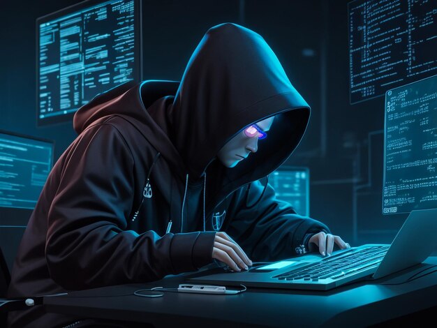 hacker using laptop computer with html code and map attack and programming concept double exposure
