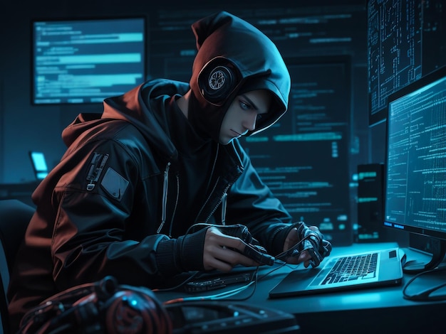 hacker using laptop computer with html code and map attack and programming concept double exposure