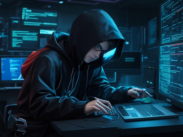 hacker using laptop computer with html code and map attack and programming concept double exposure