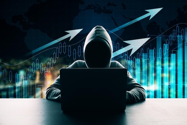 Hacker using laptop on glowing city background with business chart arrows and map Trade and hacking concept Double exposure