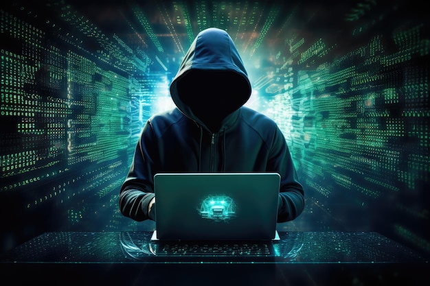 hacker using laptop with binary code on dark background cyber attack concept internet security protection from hacker attacking cyber attack and network security concept ai generated