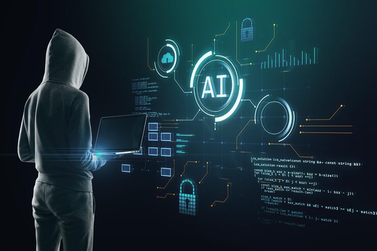 Photo hacker using laptop with glowing blurry ai hologram with binary coding on blurry background artificial intelligence malware technology and programming concept